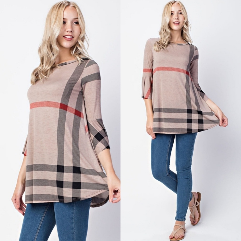 ❤Taupe Plaid Tunic Top with Pockets - Picture 2 of 4
